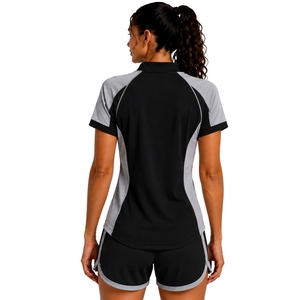 Black Grey Womens Half <b>Zip</b> Sports T Shirt And <b>Shorts</b> Set Quick Dry <b>Short</b> Sleeve Activewear Gym Fitness Running Training Outfit - Product Image 2