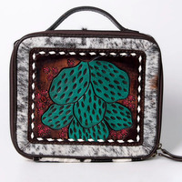 Pochette en cuir de vachette style western pour femme avec motif cactus gravé, fermeture éclair, organiseur de maquillage et de voyage