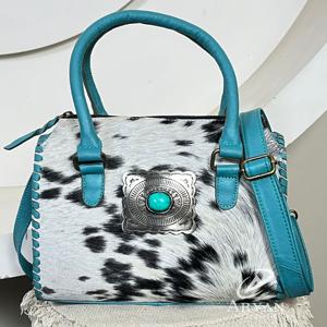 Nouveaux sacs à main pour femmes en cuir de vachette véritable de style western avec accents turquoise, sacs de voyage de taille moyenne à poignée supérieure et bandoulière - Product Image 1
