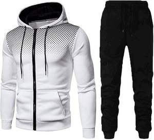 Ensemble de survêtement à capuche pour homme, blanc et noir à pois, manches longues, fermeture éclair, sweat-shirt décontracté et pantalon, tenue d'automne - Product Image 1