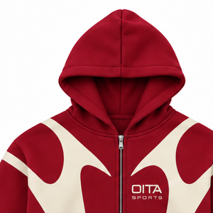 Red Contrast Panel <b>Zip</b> Up <b>Hoodie</b> Men Streetwear Full Zipper Long Sleeve Custom Casual Fleece Hooded Sweatshirt With <b>Pockets</b> - Product Image 3