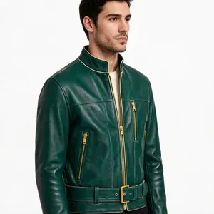Veste en cuir pour homme, couleur or, col montant, fermeture éclair, ceinture à la taille, coupe-vent, veste décontractée - Product Image 5