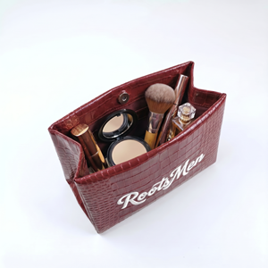 Rootsman Custom Wine Red Premium Ins-Style PU Leather <b>Makeup</b> Bag, Magnetic Closure, Lightweight Travel Cosmetic Pouch for Women - Product Image 2
