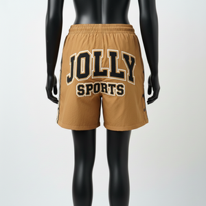 Shorts cortavientos premium para mujer, poliéster ligero de secado rápido, color canela, con parche de chenilla y logotipo personalizado. - Product Image 2