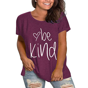 T-shirt à manches courtes pour femme, col rond, violet, coupe ample, style décontracté, imprimé Be Kind, tissu jersey 100% coton, à porter toute l'année - Product Image 4