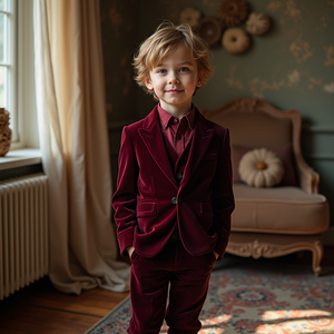 Costume de smoking bordeaux 3 pièces pour garçons |   Blazer, gilet et pantalon formels |   Costume de mariage pour enfants |   Tenue de fête pour porte-anneau - Product Image 2