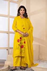 Designer Yellow Mul Cotton <b>Kurta</b> Pant Dupatta Set with Floral Embroidery for <b>Women</b> - Product Image 1