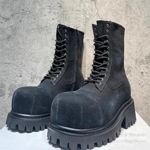 Botas Chelsea de hombre casuales con punta ancha, de mezclilla, suela gruesa, aumento de altura, con cordones, estilo británico, caña alta, para invierno - Product Image 5