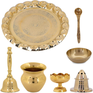 Juego de Thali de Metal Premium para Pooja con Diseño Floral Grabado, Aarti Diya, Kalash, Campana, Cuenco para Kumkum, Cuchara y Artículos Tradicionales para el Culto - Product Image 6