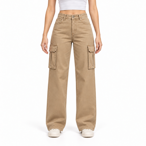 Pantalon cargo en jean décontracté taille haute coupe droite avec plusieurs poches pour le travail en extérieur – Collection Automne 2025 - Product Image 1