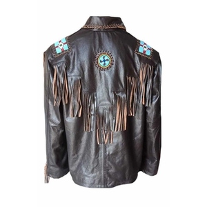 Men PU Leather Jacket With Fringe Beading Embroidery Turn-<b>down</b> Collar Casual Autumn Wear - Product Image 3