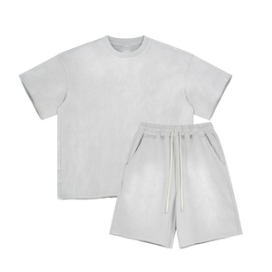 ชุดเซ็ตแทรคสูทแบบ unisex ขายส่ง เสื้อยืดคอกลมพร้อมกางเกงขาสั้นรูดเชือก สีพื้นเรียบง่าย ชุดลำลองฤดูร้อน น้ำหนักเบา ระบายอากาศได้ดี - Product Image 2