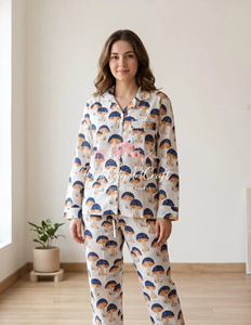 Handcrafted Mushroom Print Cotton Pajama Set Breathable Quick Dry Full-Sleeve Summer Nightwear for Women Soft Lightweight Lounge - Product Image 6