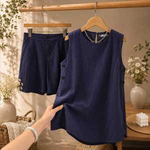 Women's <b>Linen</b> 2 Piece <b>Set</b> Sleeveless Top Shorts Solid White Casual Loose Fit Spring Summer Breathable O-Neck Button Detail - Product Image 4