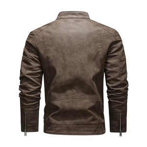 Blouson moto en cuir PU pour homme, col montant, fermeture éclair, coupe ajustée, pour l'hiver, couleur unie, manches classiques, logo personnalisé - Product Image 2
