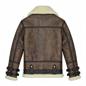 Mens Brown Aviator <b>Jacket</b> <b>Shearling</b> Fleece Lined <b>Bomber</b> <b>Jacket</b> Winter Warm <b>Jacket</b> Men Sheepskin Leather <b>Jacket</b> Stand Collar Zip - Product Image 3