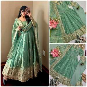 Women’s Designer Party Wear Gown Set | Heavy Fandy Silk Embroidered <b>Sequin</b> Gown with <b>Pant</b> & Dupatta - Product Image 3
