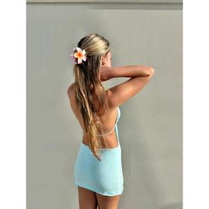 เดรสชายหาดซานโตรินี แฮนด์เมด น่ารักสุดๆ เปิดหลัง ปรับเอวได้ สายคล้องคอ คอวี สีฟ้าอ่อน ผ้าฝ้าย 100% - Product Image 5