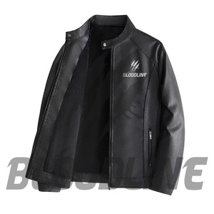 Chaqueta de Cuero PU Negra para Hombre BLOODLINE, Cuello Alto, Estilo Motero, Cierre de Cremallera, para Otoño - Product Image 1