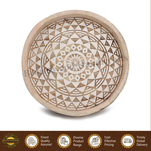Excellent Quality White <b>Wash</b> Color Solid Mango Wood Handmade Round Food Serving Tray with Handles <b>Set</b> of 2 for Restaurants - Product Image 5