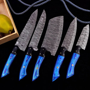 New Edition Custom Handmade Damascus Steel 5-Piece <b>Kitchen</b> Chef <b>Knife</b> Set Blue Pakkawood Handles Full Tang Straight Edge - Product Image 5