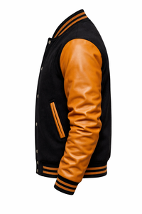 Men's Black <b>Wool</b> Varsity Jacket With Brown Leather Sleeves Button Front Turn-down Collar Casual Autumn Outerwear - Product Image 5