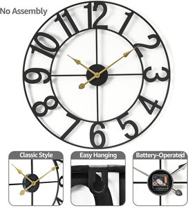 Large Black Metal <b>Wall</b> <b>Clock</b> Battery Powered Modern Decorative <b>Clock</b> for Home Office <b>Living</b> <b>Room</b> - Product Image 6