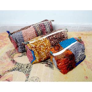 Indian Kantha Hand Block Print Cotton Cosmetic Bag Set with Tassel Zipper Closure Vintage Style-Women's Travel Makeup Pouch - Product Image 3