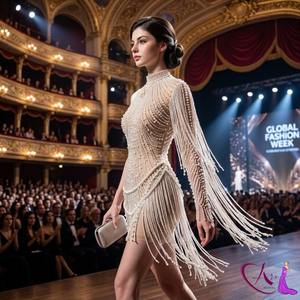 Robe de cocktail moulante asymétrique à une manche, col montant, broderie dorée à sequins et franges perlées |   Vêtements de soirée de luxe - Product Image 2