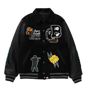 Veste universitaire marine pour homme en similicuir PU avec patch ours vert et lettres GD bleues sur les manches, style preppy, col rabattu - Product Image 5