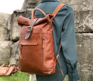 Custom Logo Genuine Leather <b>Roll</b> Top <b>Backpack</b> Water Resistant 15.6 Inch Laptop Rucksack Outdoor Travel Daypack LRTB-0103 - Product Image 3