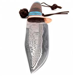 Couteau utilitaire personnalisé en acier Damas recouvert de cuivre, forgé à la main, avec anneaux en cuir et manche en bois dur foncé, qualité DIY, OEM disponible - Product Image 4
