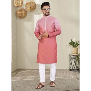DISEÑADOR DE ALGODÓN IMPRESIÓN DIGITAL TRABAJO HOMBRE KURTA PIJAMA BEBÉ ROSA - Product Image 1
