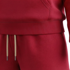 <b>Women's</b> 2 Piece Hooded Sweatshirt and Shorts <b>Set</b> Solid Color Fleece Casual Loose Fit Above Knee Red - Product Image 5