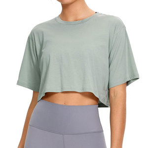 Women 100 Cotton Cropped T Shirts Custom Logo Summer Workout Yoga Short Sleeve Solid Casual Athletic Tee - Product Image 3