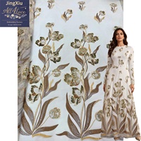 Tissu en tulle brodé de perles et de sequins à motif floral végétal, avec bordure, pour robes de soirée
