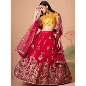Prodigieux miroir rose vif filet de travail Lehenga Choli décorations de mariage élégantes porter - Product Image 2