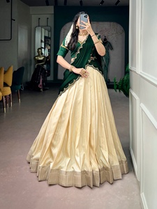 <b>Green</b> <b>Silk</b> Lehenga Choli With Beige Skirt Floor-Length Traditional Wedding Wear For Women India Pakistan Style - Product Image 3