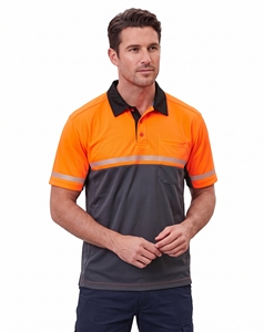 Camiseta polo de alta visibilidad para hombre, con corte diagonal, color carbón y naranja neón, ropa de trabajo de seguridad, con bolsillo con cremallera en la manga, cinta reflectante, uniforme. - Product Image 2