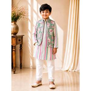 Ensemble Kurta Pajama pour homme Twisha-Xpressions, veste vert olive, manches longues, entièrement imprimé, coton, traditionnel, ethnique, pour fête, mariage - Product Image 1