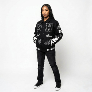 Men's Black Varsity <b>Jacket</b> With White Embroidered Logo And Patch Designs Streetwear Style Turn-down Collar Regular Fit - Product Image 5