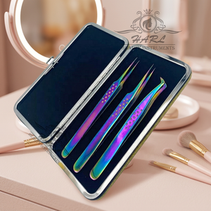 Juego de pinzas para extensión de pestañas HARL, pinzas multicolores de acero inoxidable para extensión de pestañas con estuche metálico, herramientas para pestañas - Product Image 1