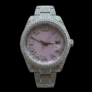 Reloj de Lujo de Edición Limitada de Calidad Estándar con Caja Cuadrada, Correa Plateada, Movimiento de Cuarzo, Diamante Moissanita y Esfera Rosa, Estilo Hip-Hop - Product Image 1