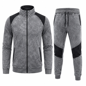 Ensemble de survêtement gris délavé pour homme, manches longues, fermeture éclair, respirant, polyester et coton, coupe décontractée, automne - Product Image 1