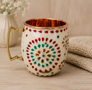 Taza de Cobre Puro Hecha a Mano, Taza de Cobre Blanca Premium Pintada a Mano con Diseño Floral, Taza Decorativa de Cobre para Beber, Taza de Cobre Artesanal Hecha a Mano - Product Image 1