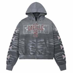 Sweat à capuche zippé personnalisé en molleton épais French Terry, délavé à l'acide, imprimé sérigraphié, pour homme, avec impression sur les manches, style streetwear - Product Image 1