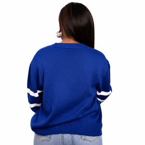Cardigan en laine/acrylique bleu pour femme, col en V, boutonné devant, manches longues, décontracté, patchwork, coupe classique, vêtements d'hiver, broderie - Product Image 3