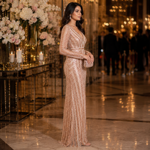Luxury V Neck <b>Sequin</b> Evening Gown | Designer Full Sleeve Mermaid Dress Premium Formal Wear for Wedding Gala Red Carpet Party - Product Image 3