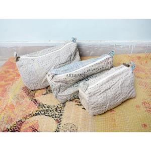 Ensemble de trousses de maquillage vintage légères et durables en tissu Kantha 100 % coton pur avec motif à pompons et fermeture éclair, écologiques - Product Image 3