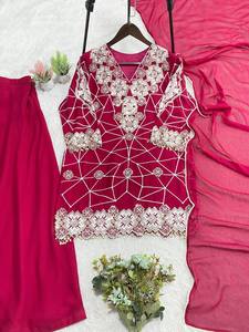 Ensemble de salwar kameez pakistanais brodé pour femmes avec dupatta |   Ensemble Kurta et Palazzo géométrique de créateur - Product Image 3
